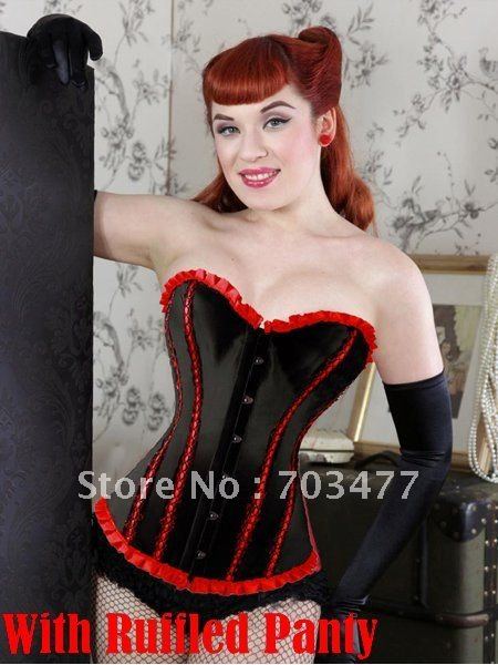 Black steel boned corset with ruffled panty sexy overbust corset  free shipping wholesale and retailer high quality corset