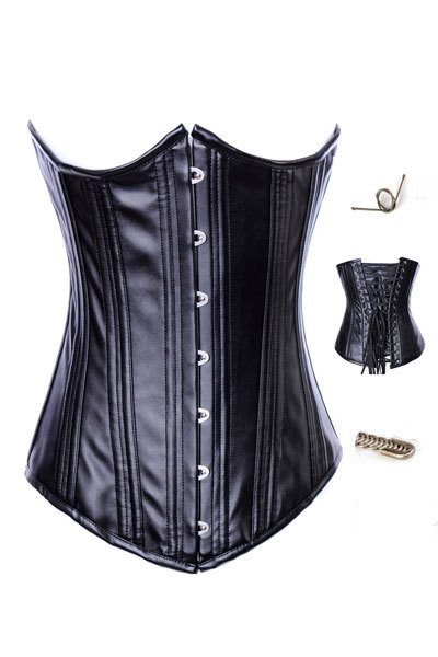 Black Steel Boned Leather Corset With Front Busk Closure LB4461