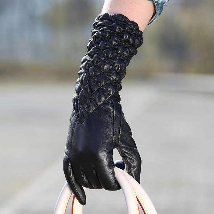 Black suede gloves women's medium-long winter genuine leather gloves l009nn