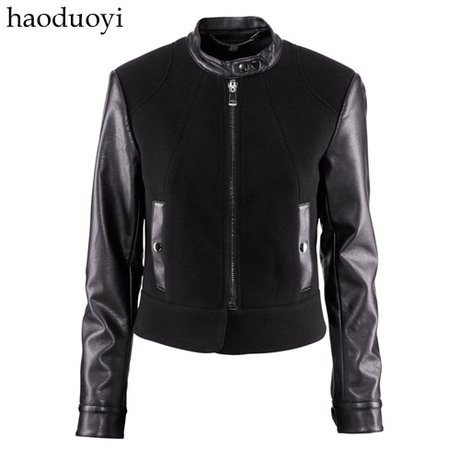 black suede jacket for long sleeve with black pu patchwork and front zipper decoration free shipping for epacket and china post