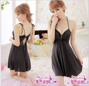 Black temptation lovely spaghetti strap nightgown autumn and winter women's sexy sleepwear faux silk transparent underwear set