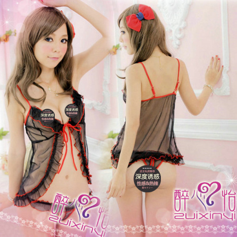 Black transparent temptation spaghetti strap top thong set sleepwear nightgown female lingerie