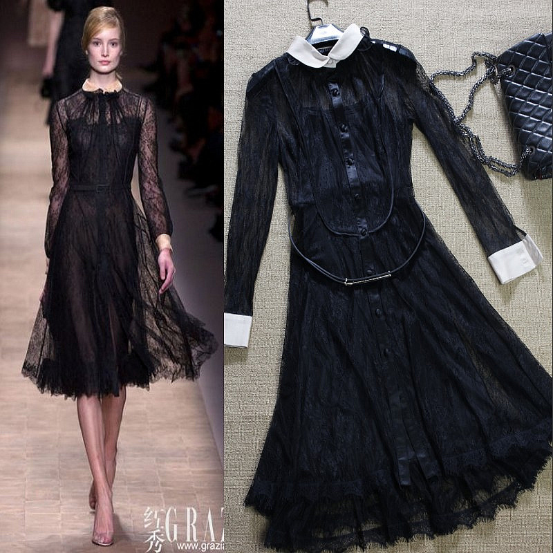 Black Twinset Lace Dress Top Fashion Turn Down Collar Single Breast Belted Long-sleeve Lace Dress