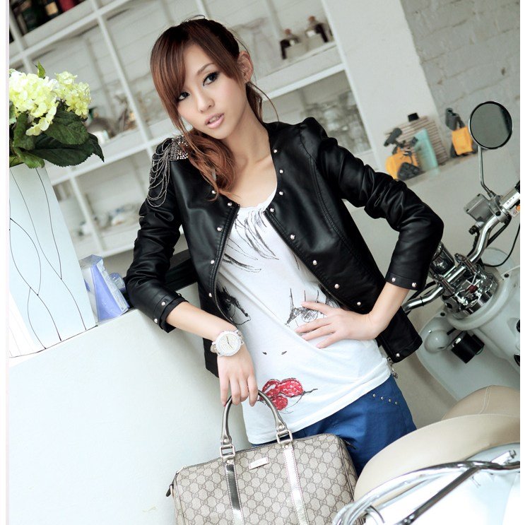 Black Vintage 2012 Hotsale Women PU Leather Mlitary Rivet Slim Fit Crew Neck Short Jacket Nice Coat M-L