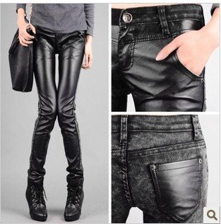 Black Vintage 2012 Women Autumn Winter Manufatory Supply New Women Skinny Jeans Plus Large PU+Denim  Long Boot Cut Pants