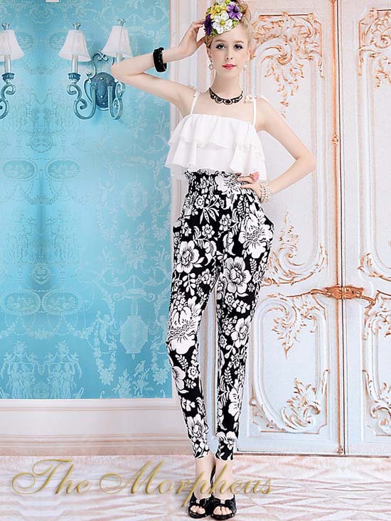 Black White Flora Trendy Strap Layer Ruffle Celebirty Jumpsuit