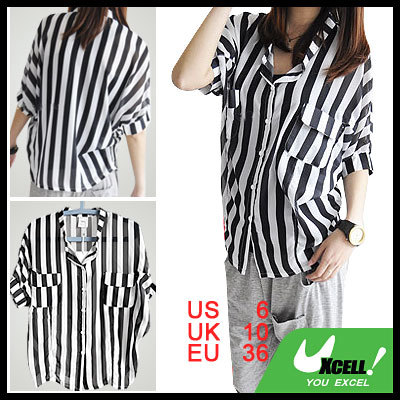 Black White Vertical Striped Bat Sleeve Button up Shirt Blouse S for Women