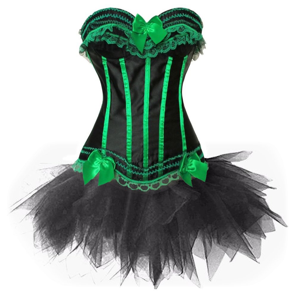 Black with green stripe top corset with g-string,black mini tutu costume S-2XL