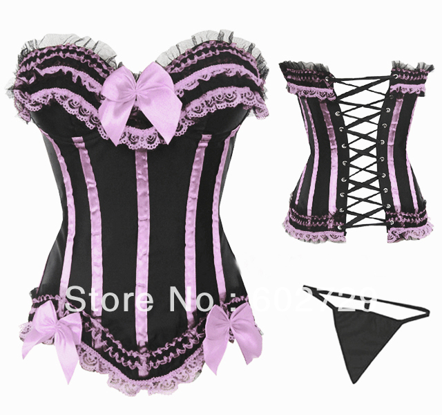 Black with pink stripe boned satin lace up corset bustier with bows lingerie dropship S-2XL