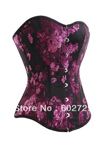 Black with purple flower boned satin lace up corset bustier factory supplier S-2XL