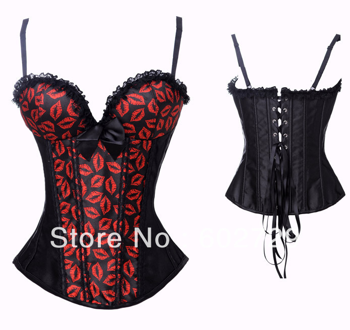 Black with red lips print satin boned lace up Corset Bustier with strap padded cup costume dropship S-2XL