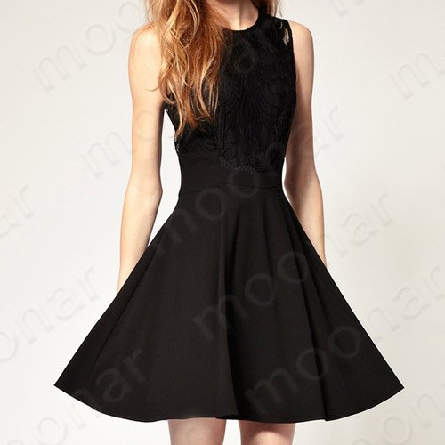 Black Woman Casual Lace Slim High Waist Mini Pleated Vest Sleeveless Dress E0772