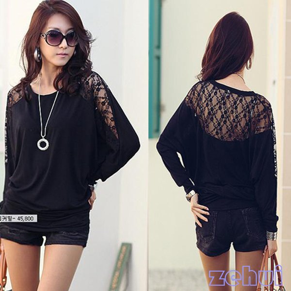 Black Women's Stylish  Batwing Dolman Long Sleeve Shirt Lace Loose Blouse Tops T-Shirt HR379B