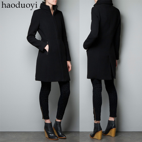 Black woolen outerwear overcoat trench zipper style black woolen women's trench Size : XS~XXL