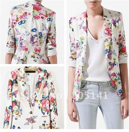 Blazer Coat Jacket Women Fashion Vintage Sweet Flower Slim Fit Suit S M L