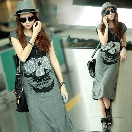 Blond Fashion,Autumn/Fall Middle Long Cotton Skeleton Pattern Dress Short Sleeve,D1115