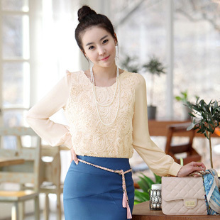 Blouses 2012 New Arrival Autumn Women Clothes Korean Style Long Sleeve Flower Ladies White/Apricot Elegance Shirt M8335