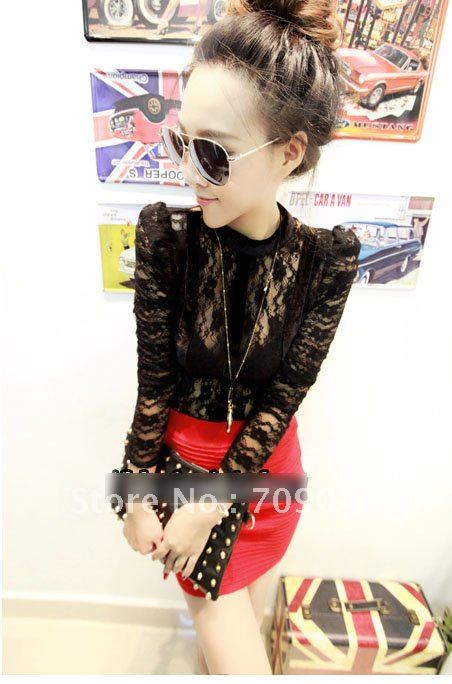 Blouses lace printing covering flower gauze 4 stand collar puff lace shirt