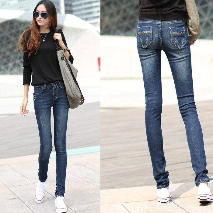 Blue 2012 autumn pocket leopard print top buttons elastic slim denim skinny pants pencil pants