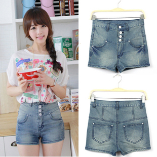 Blue 2012 high waist pants female denim shorts breasted shorts