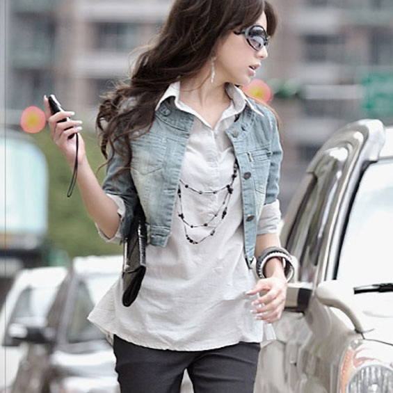 Blue 2012 o-neck three quarter sleeve denim outerwear women's denim short jacket denim top