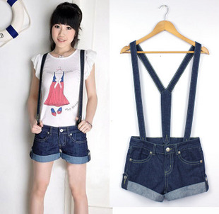 Blue 2012 roll-up hem one piece shorts low-waist denim jumpsuit casual suspenders denim shorts