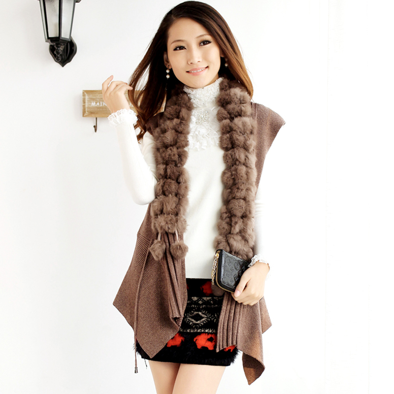 Blue 2012 women's rabbit fur vest cardigan waistcoat knitted