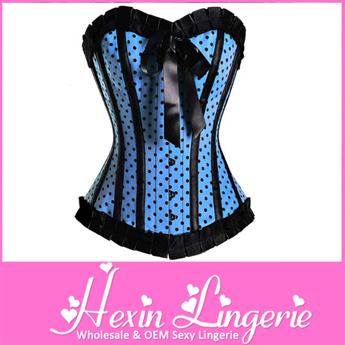 Blue 2PC Dot Blue& Black Corset With Satin Bows LB4331 Size S M L XL