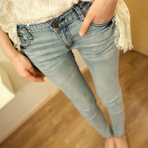 Blue all-match skinny jeans female tight jeans