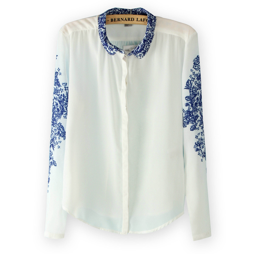 Blue and white porcelain spring print decorative pattern chiffon transparent turn-down collar loose women's shirt