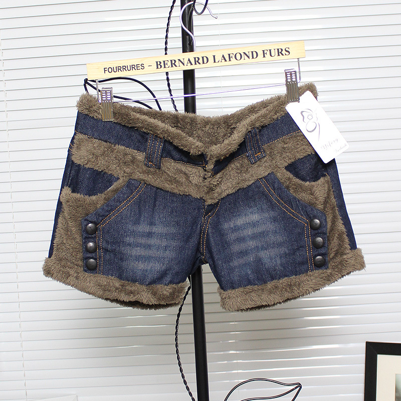 Blue berber fleece roll up hem winter denim shorts female autumn and winter denim shorts