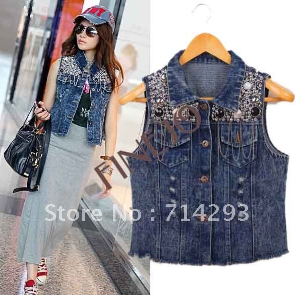 Blue Color New Womens Vintage Washed Blue Denim Sequin embellish Jean Vest Sleeveless Jacket 4829  free shipping