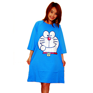 Blue DORAEMON nightgown one piece sleepwear spring and autumn 100% cotton cartoon sleepwear lounge female