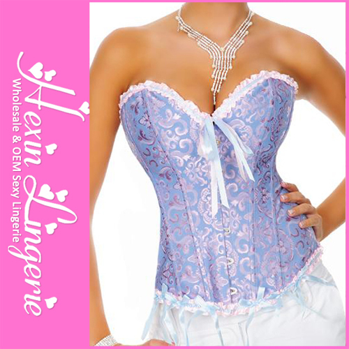 Blue Elegant Glamourous Jacquad Floral Overbust Romantic Corset LB4056 Size S, M, L, XL, 2XL, 3XL, 4XL, 5XL,6XL