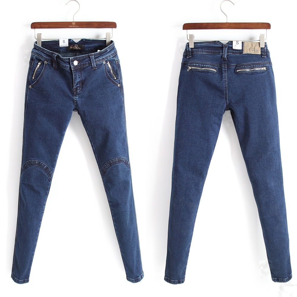 Blue high waist water wash wearing white zipper elastic slim skinny jeans pencil pants long trousers 2013 female