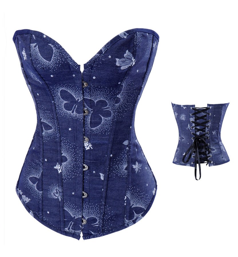 Blue jeans with butterfly print outwear shaper  Lace up  Corset  Bustier clubwear+G-string  S-XXL