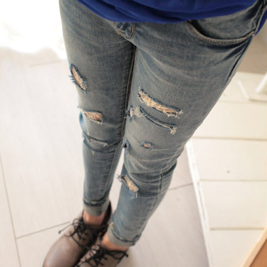 Blue lace lining hole jeans female distrressed hole skinny pants hole skinny jeans