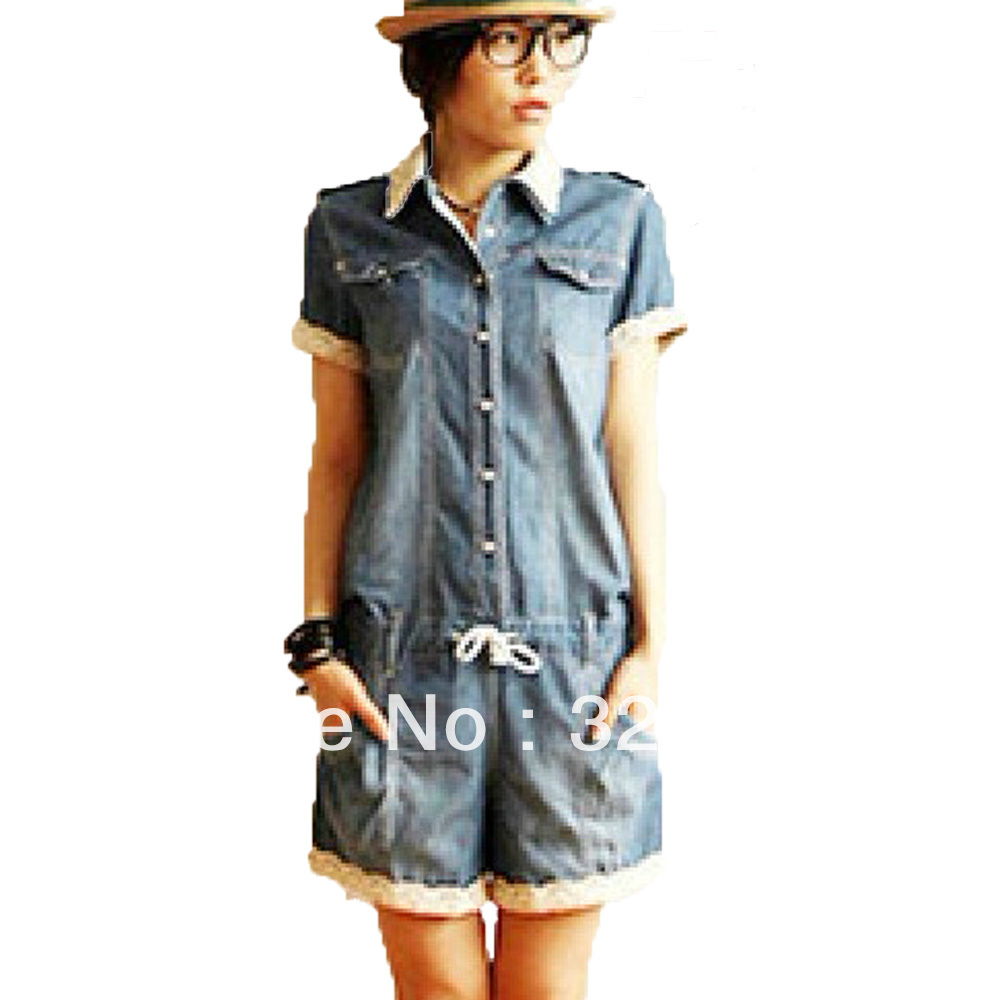 Blue Modern Ladies Denim Lace Trim buttoned Shortalls Overall Shorts 3138#