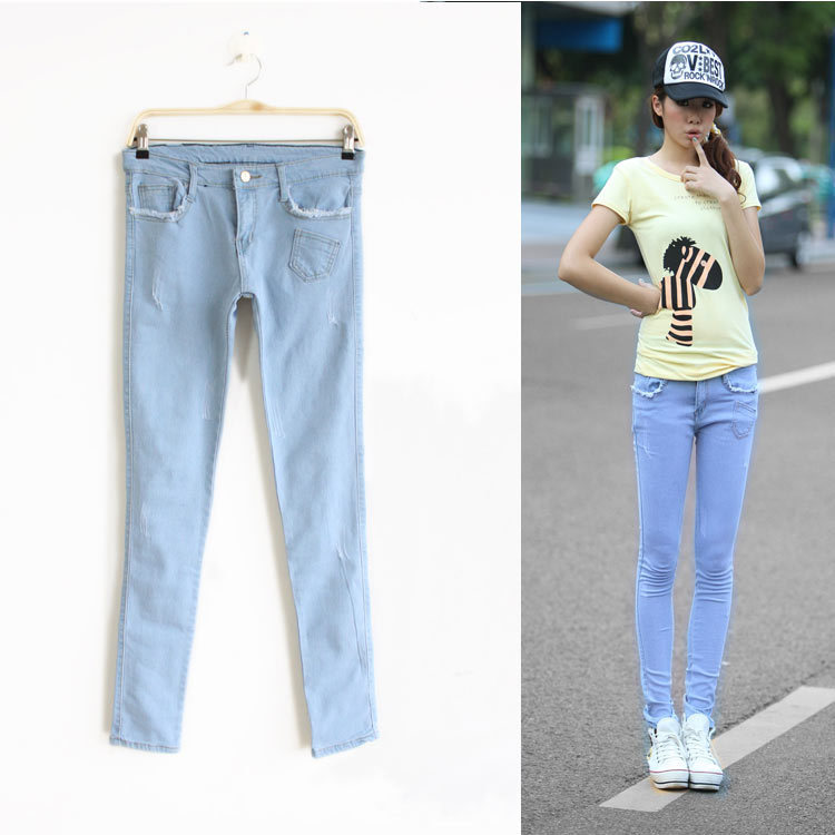 Blue pocket edging tight skinny jeans female jeans female skinny pants