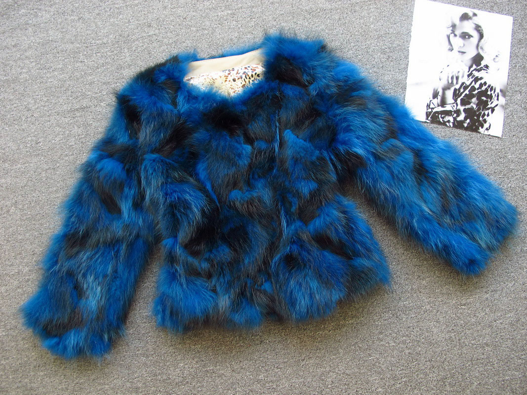 Blue quality sheepskin hemming tie-dyeing fox fur short jacket