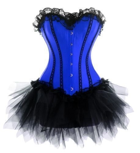 Blue satin corset busiter lace up boned costume showgilr S-2XL+g-String+mini tutu