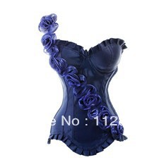 Blue satin fashion rose shoulder outwear Lace up Corset Bustier clubwear party wear +G-string S-XXL    M0231