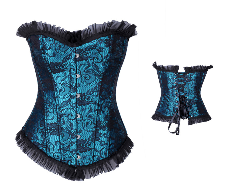 Blue satin with black lace overlay boned lace up bodyshaper