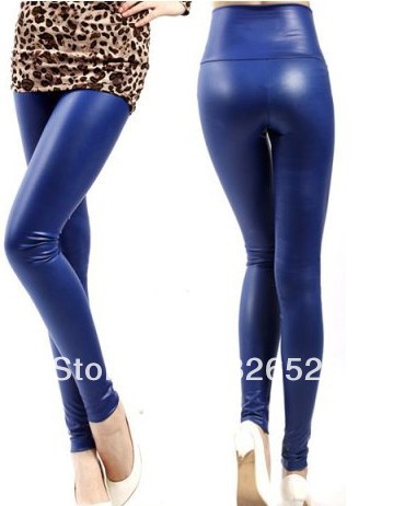 Blue Sexy High Waist Wet Faux Leather Leggings Pants Tight LB13163B Free Size