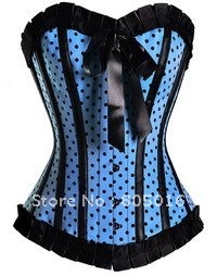 Blue Sexy Women Lace Up Boned Bustiers Polka Dot Corset Waist Cincher Overbust Party Costumes Clothing Set