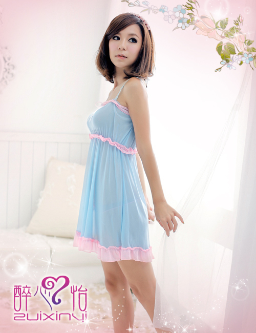 Blue spaghetti strap nightgown summer women's sexy sleepwear gauze transparent lace temptation