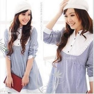 Blue stripe stand collar maternity shirt maternity dress 100% cotton nursing loading one-piece dress xyc114