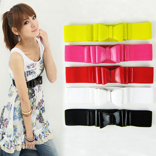 Blue summer candy color japanned leather bow belt elastic waist belt female cummerbund