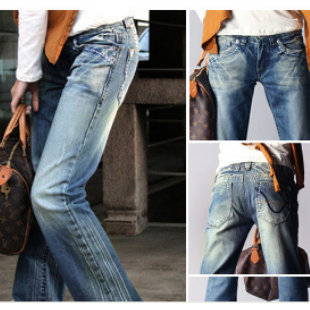 Blue whisker wearing white unique denim cotton cloth low-waist women's straight jeans trousers