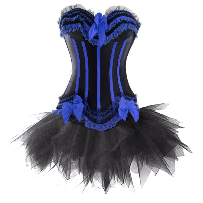 Blue with  black stripe satin lace up  Burlesque boned corset bustier bowknot front +TUTU Skirt   S-2XL